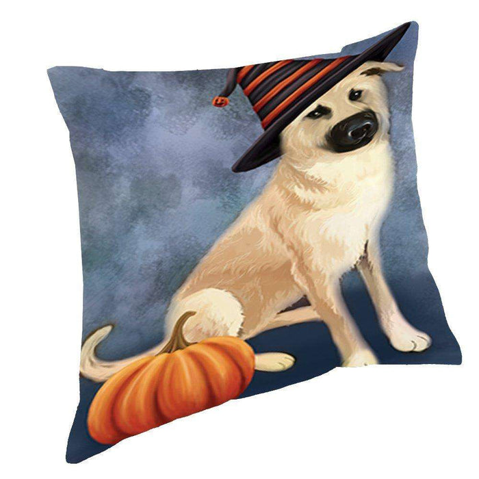 Happy Halloween Chinook Dog Wearing Witch Hat with Pumpkin Throw Pillow