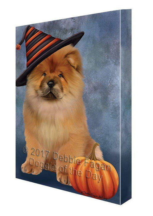 Happy Halloween Chow Chow Dog Wearing Witch Hat with Pumpkin Canvas Wall Art