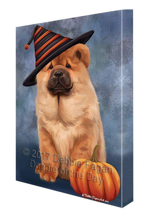 Happy Halloween Chow Chow Dog Wearing Witch Hat with Pumpkin Canvas Wall Art