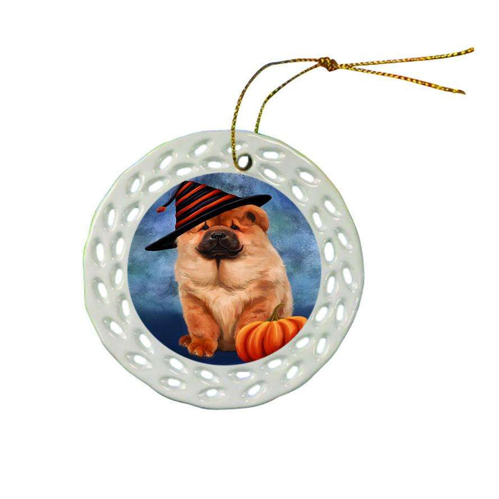 Happy Halloween Chow Chow Dog Wearing Witch Hat with Pumpkin Ceramic Doily Ornament DPOR55015