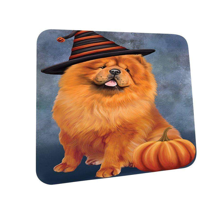 Happy Halloween Chow Chow Dog Wearing Witch Hat with Pumpkin Coasters Set of 4