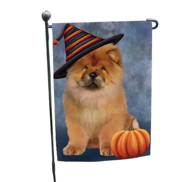 Happy Halloween Chow Chow Dog Wearing Witch Hat with Pumpkin Garden Flag