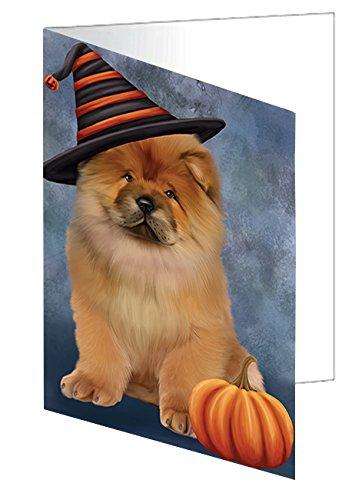 Happy Halloween Chow Chow Dog Wearing Witch Hat with Pumpkin Handmade Artwork Assorted Pets Greeting Cards and Note Cards with Envelopes for All Occasions and Holiday Seasons