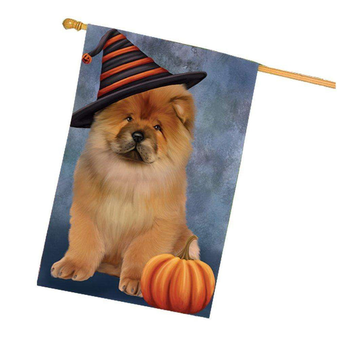 Happy Halloween Chow Chow Dog Wearing Witch Hat with Pumpkin House Flag