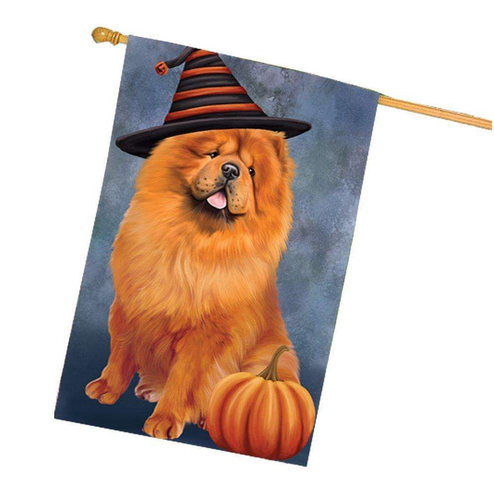 Happy Halloween Chow Chow Dog Wearing Witch Hat with Pumpkin House Flag