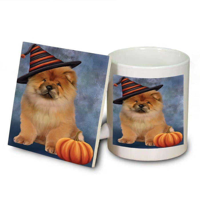 Happy Halloween Chow Chow Dog Wearing Witch Hat with Pumpkin Mug and Coaster Set