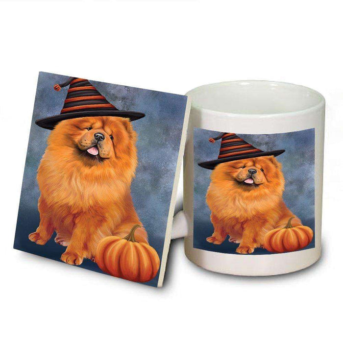 Happy Halloween Chow Chow Dog Wearing Witch Hat with Pumpkin Mug and Coaster Set