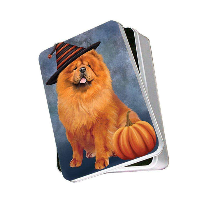 Happy Halloween Chow Chow Dog Wearing Witch Hat with Pumpkin Photo Storage Tin