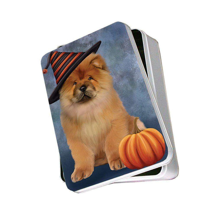 Happy Halloween Chow Chow Dog Wearing Witch Hat with Pumpkin Photo Storage Tin