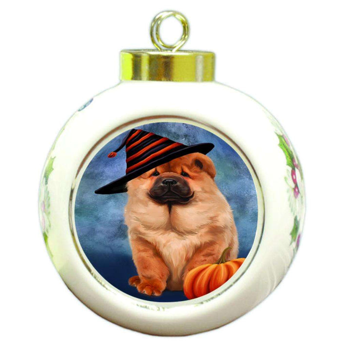 Happy Halloween Chow Chow Dog Wearing Witch Hat with Pumpkin Round Ball Christmas Ornament RBPOR55015