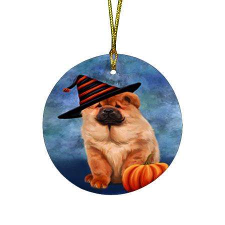 Happy Halloween Chow Chow Dog Wearing Witch Hat with Pumpkin Round Flat Christmas Ornament RFPOR55006