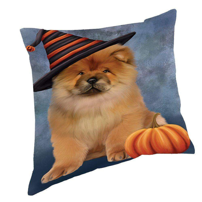 Happy Halloween Chow Chow Dog Wearing Witch Hat with Pumpkin Throw Pillow