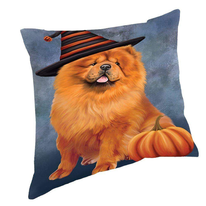 Happy Halloween Chow Chow Dog Wearing Witch Hat with Pumpkin Throw Pillow