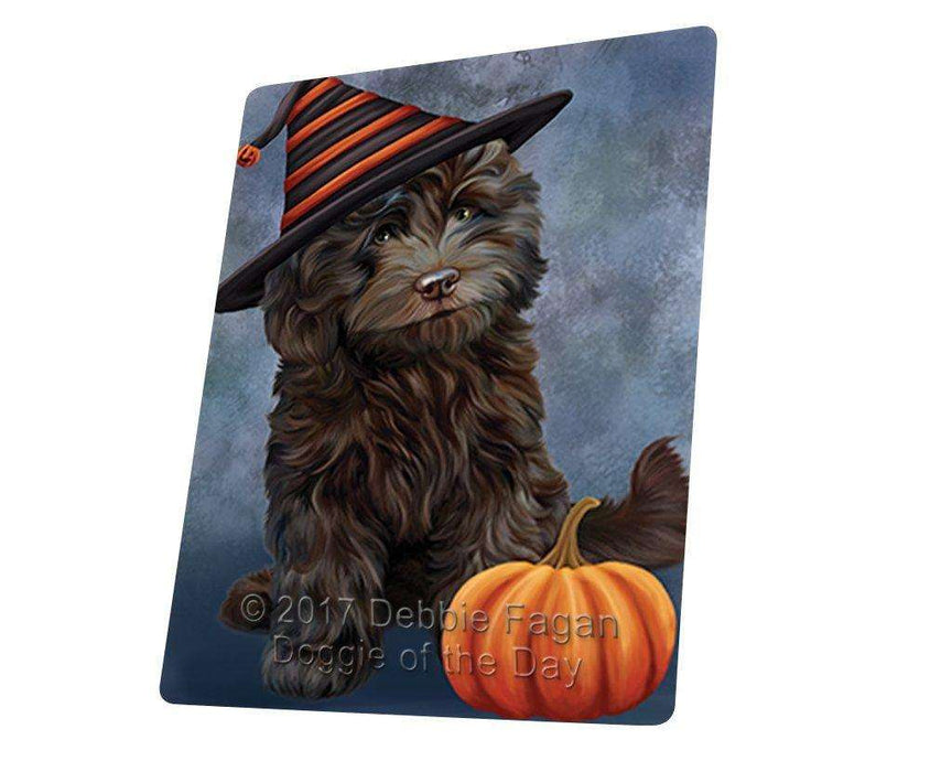 Happy Halloween Cockapoo Dog Wearing Witch Hat with Pumpkin Art Portrait Print Woven Throw Sherpa Plush Fleece Blanket