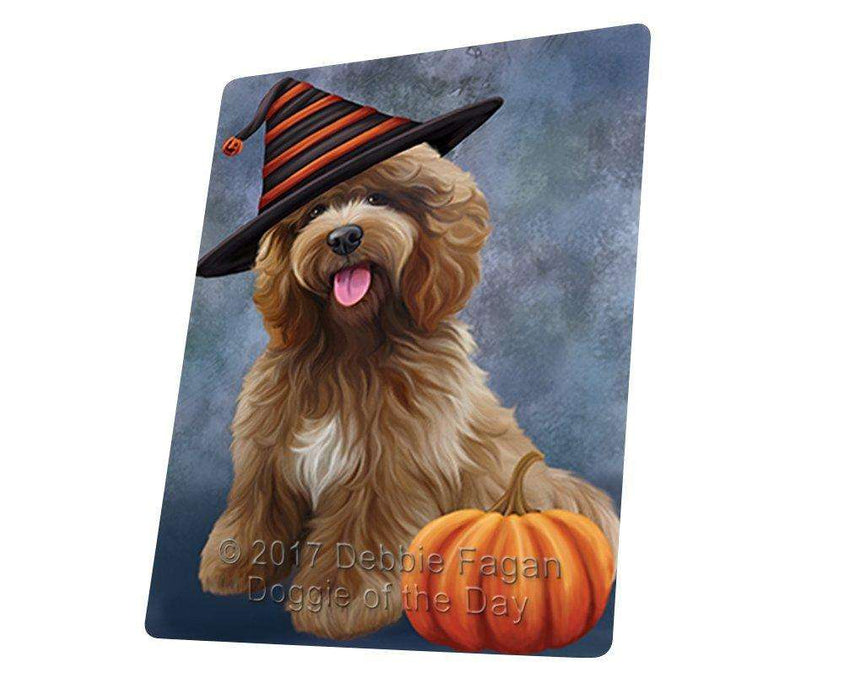 Happy Halloween Cockapoo Dog Wearing Witch Hat with Pumpkin Art Portrait Print Woven Throw Sherpa Plush Fleece Blanket