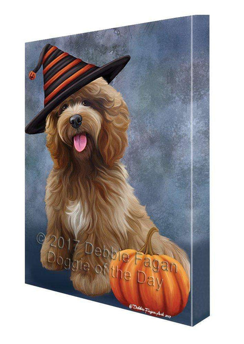 Happy Halloween Cockapoo Dog Wearing Witch Hat with Pumpkin Canvas Wall Art