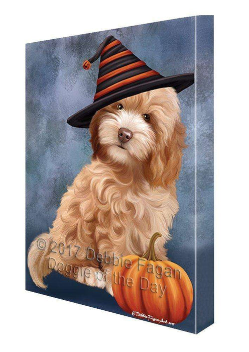 Happy Halloween Cockapoo Dog Wearing Witch Hat with Pumpkin Canvas Wall Art