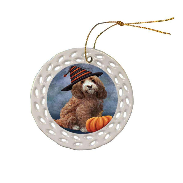 Happy Halloween Cockapoo Dog Wearing Witch Hat with Pumpkin Ceramic Doily Ornament DPOR54850