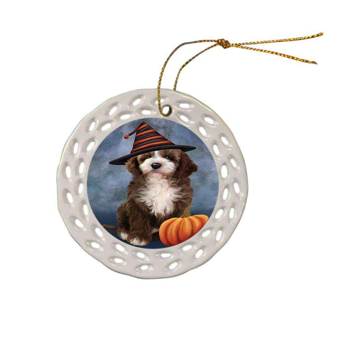 Happy Halloween Cockapoo Dog Wearing Witch Hat with Pumpkin Ceramic Doily Ornament DPOR54851