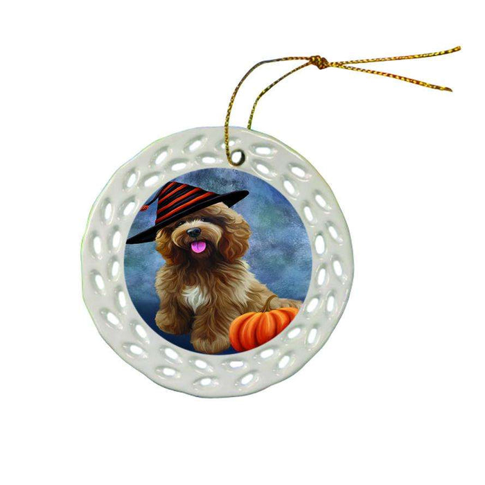 Happy Halloween Cockapoo Dog Wearing Witch Hat with Pumpkin Ceramic Doily Ornament DPOR55016