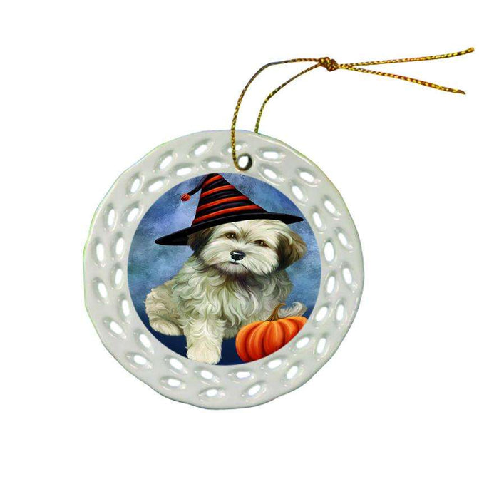 Happy Halloween Cockapoo Dog Wearing Witch Hat with Pumpkin Ceramic Doily Ornament DPOR55018