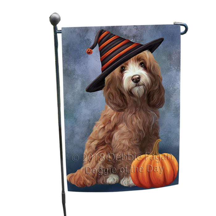 Happy Halloween Cockapoo Dog Wearing Witch Hat with Pumpkin Garden Flag GFLG54912