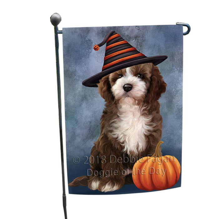 Happy Halloween Cockapoo Dog Wearing Witch Hat with Pumpkin Garden Flag GFLG54913