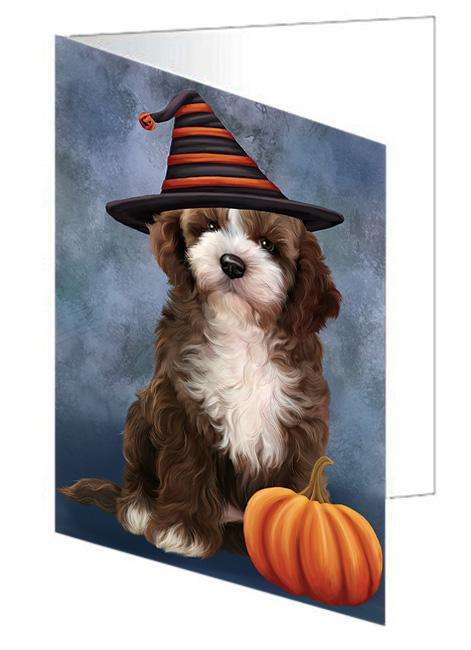 Happy Halloween Cockapoo Dog Wearing Witch Hat with Pumpkin Handmade Artwork Assorted Pets Greeting Cards and Note Cards with Envelopes for All Occasions and Holiday Seasons GCD68582