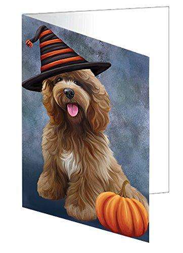 Happy Halloween Cockapoo Dog Wearing Witch Hat with Pumpkin Handmade Artwork Assorted Pets Greeting Cards and Note Cards with Envelopes for All Occasions and Holiday Seasons