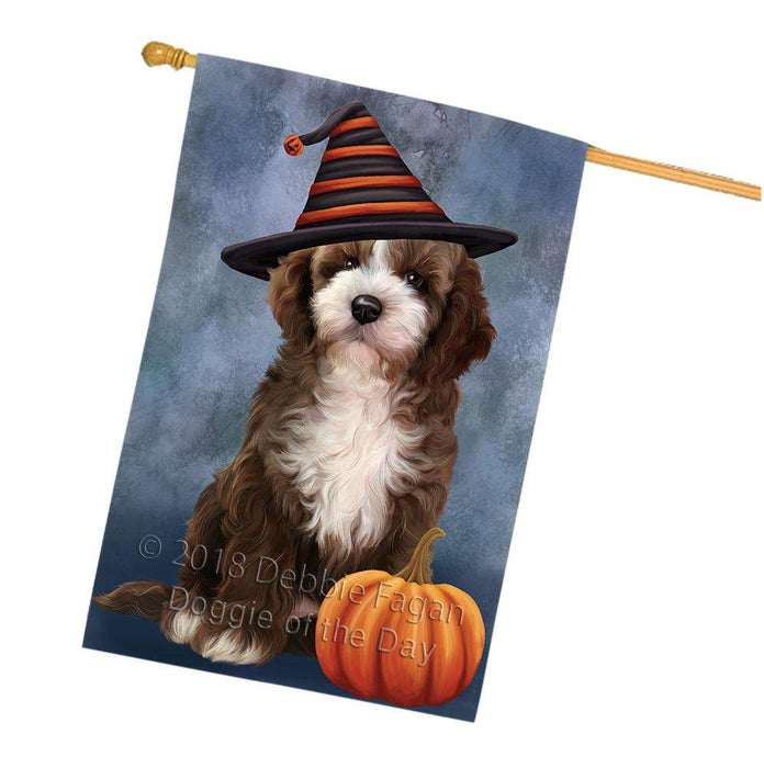 Happy Halloween Cockapoo Dog Wearing Witch Hat with Pumpkin House Flag FLG55049