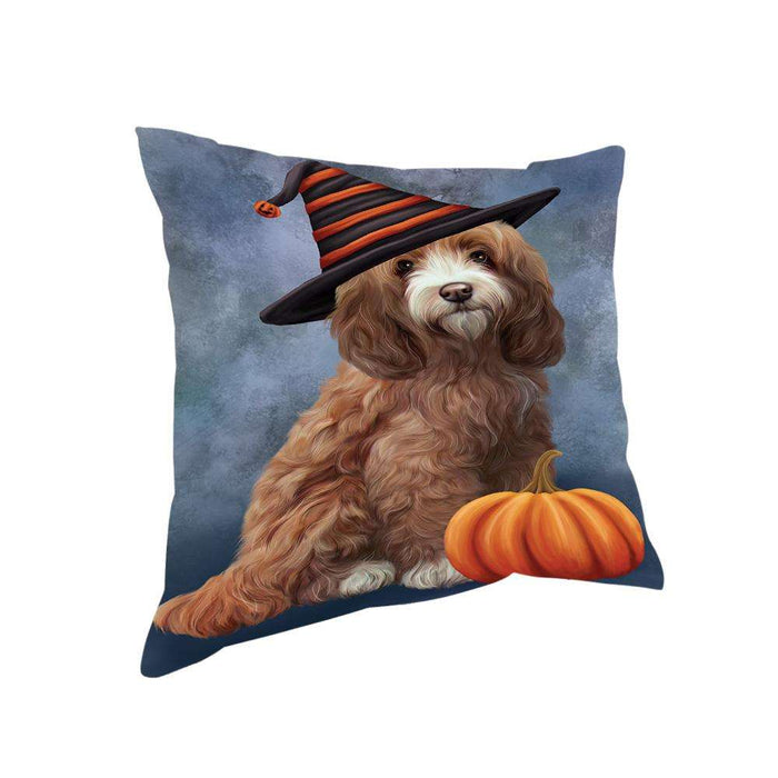 Happy Halloween Cockapoo Dog Wearing Witch Hat with Pumpkin Pillow PIL76024