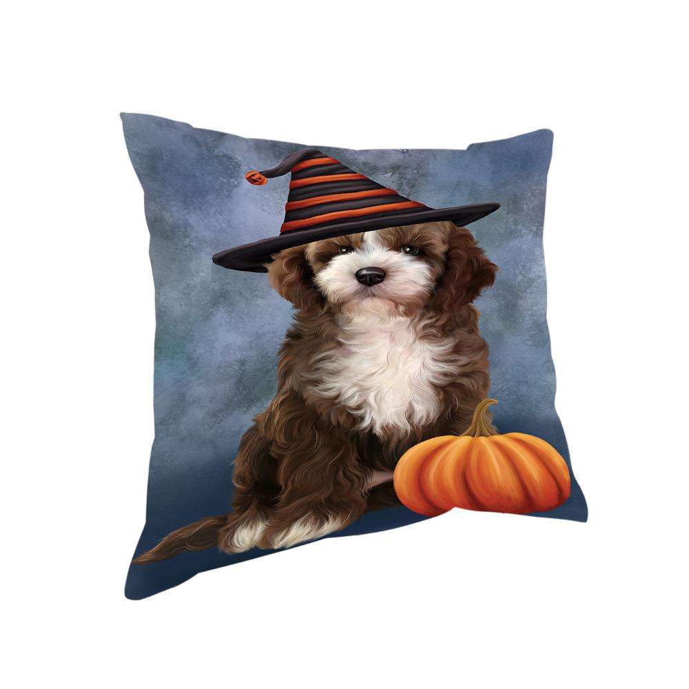 Happy Halloween Cockapoo Dog Wearing Witch Hat with Pumpkin Pillow PIL