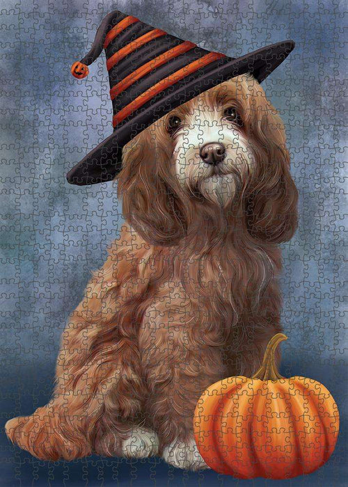Happy Halloween Cockapoo Dog Wearing Witch Hat with Pumpkin Puzzle with Photo Tin PUZL86556