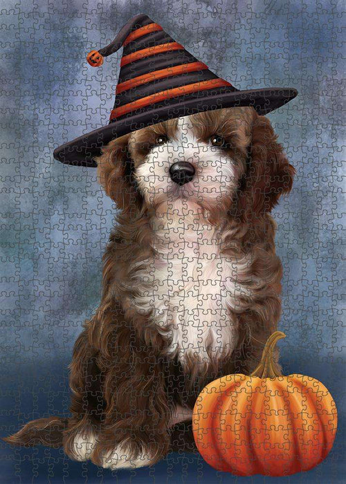 Happy Halloween Cockapoo Dog Wearing Witch Hat with Pumpkin Puzzle with Photo Tin PUZL86560