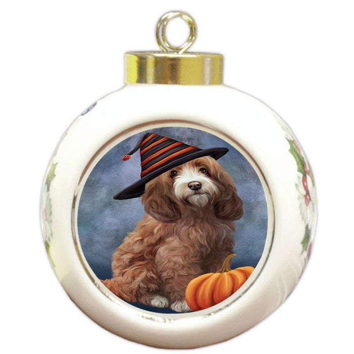 Happy Halloween Cockapoo Dog Wearing Witch Hat with Pumpkin Round Ball Christmas Ornament RBPOR54850