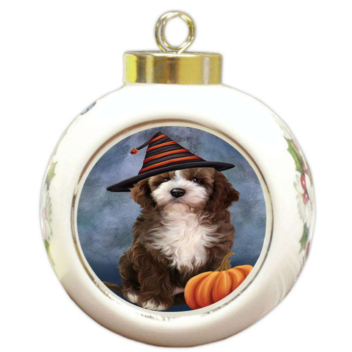 Happy Halloween Cockapoo Dog Wearing Witch Hat with Pumpkin Round Ball Christmas Ornament RBPOR54851