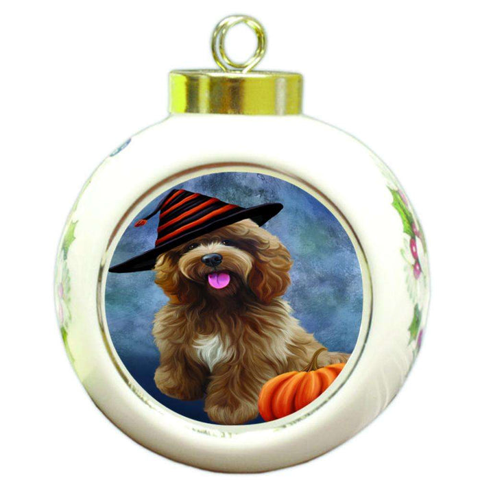 Happy Halloween Cockapoo Dog Wearing Witch Hat with Pumpkin Round Ball Christmas Ornament RBPOR55016