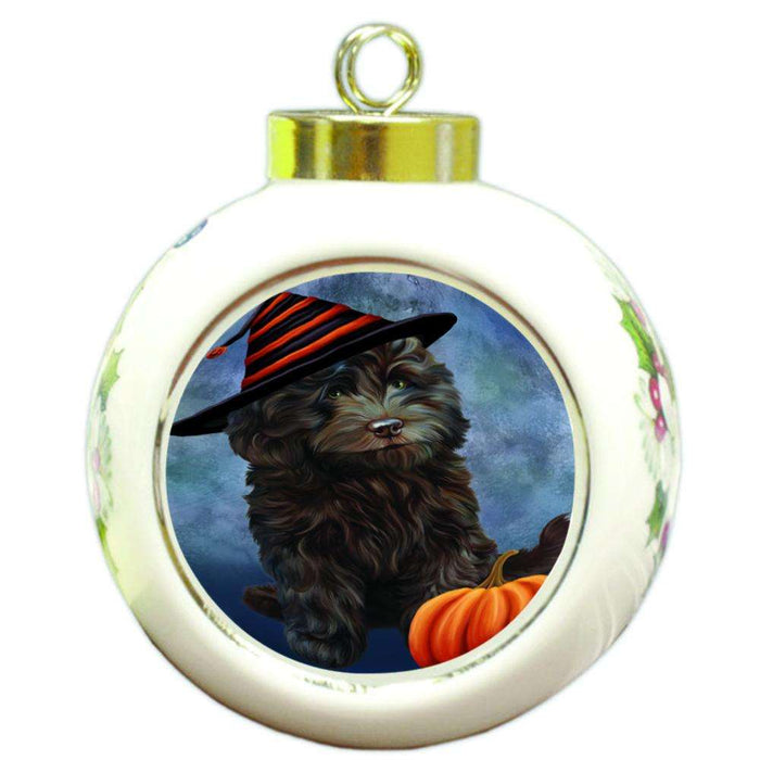 Happy Halloween Cockapoo Dog Wearing Witch Hat with Pumpkin Round Ball Christmas Ornament RBPOR55017