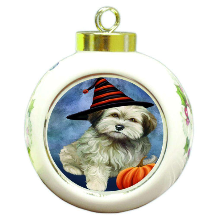Happy Halloween Cockapoo Dog Wearing Witch Hat with Pumpkin Round Ball Christmas Ornament RBPOR55018