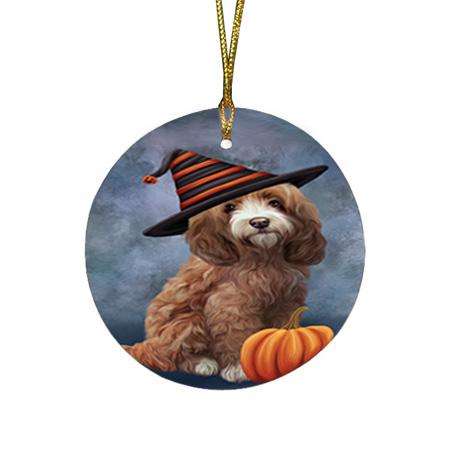 Happy Halloween Cockapoo Dog Wearing Witch Hat with Pumpkin Round Flat Christmas Ornament RFPOR54841