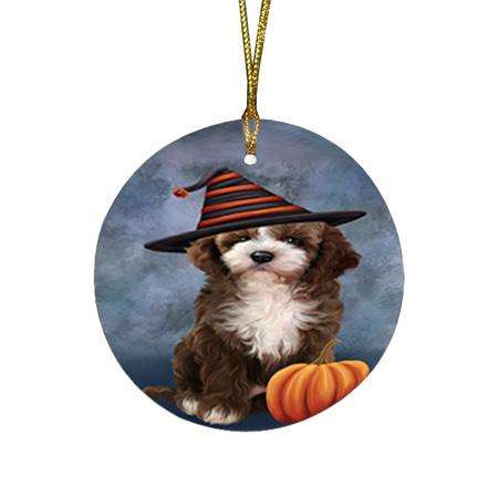 Happy Halloween Cockapoo Dog Wearing Witch Hat with Pumpkin Round Flat Christmas Ornament RFPOR54842