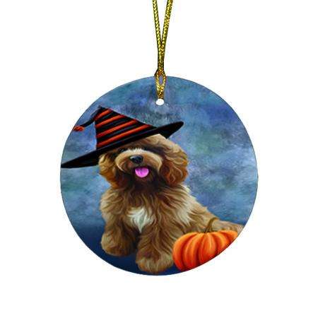 Happy Halloween Cockapoo Dog Wearing Witch Hat with Pumpkin Round Flat Christmas Ornament RFPOR55007