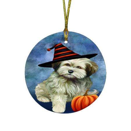 Happy Halloween Cockapoo Dog Wearing Witch Hat with Pumpkin Round Flat Christmas Ornament RFPOR55009