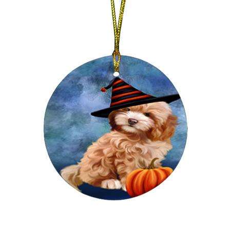 Happy Halloween Cockapoo Dog Wearing Witch Hat with Pumpkin Round Flat Christmas Ornament RFPOR55010