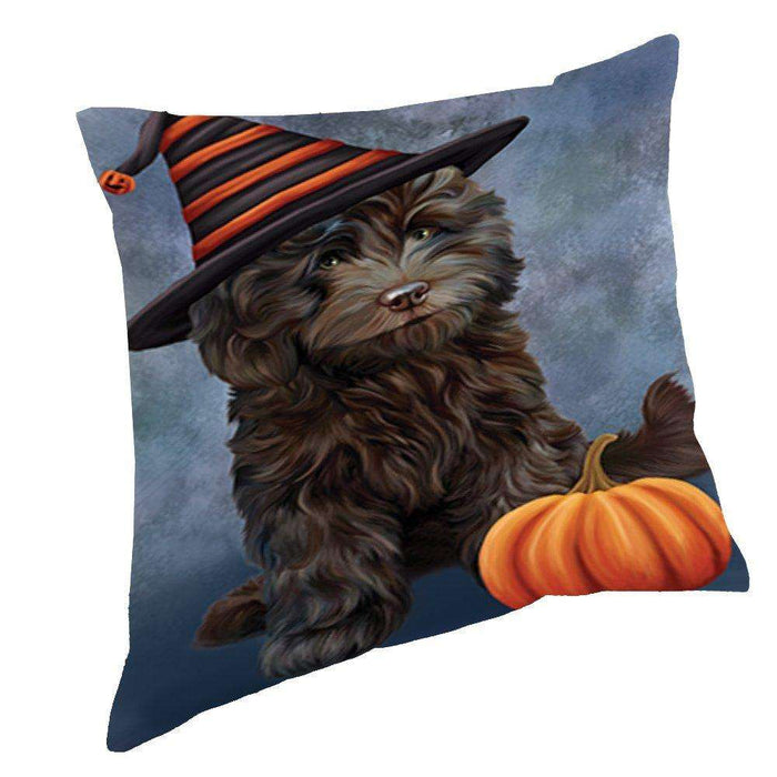 Happy Halloween Cockapoo Dog Wearing Witch Hat with Pumpkin Throw Pillow