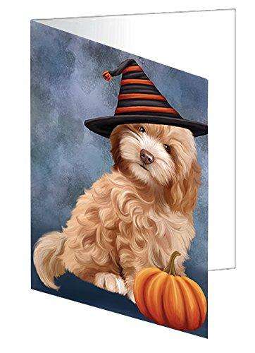 Happy Halloween Cockapoo Dog with Witch Hat & Pumpkin Handmade Artwork Assorted Pets Greeting Cards and Note Cards with Envelopes for All Occasions and Holiday Seasons