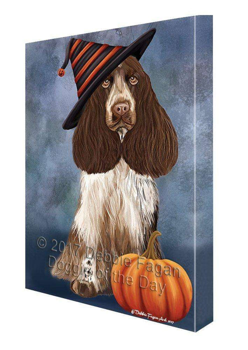 Happy Halloween Cocker Spaniel Dog Wearing Witch Hat with Pumpkin Canvas Wall Art
