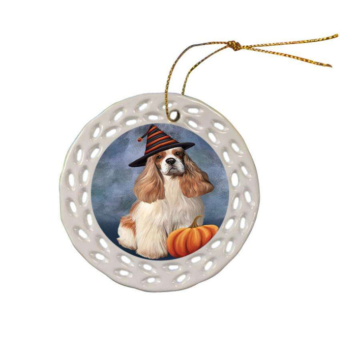 Happy Halloween Cocker Spaniel Dog Wearing Witch Hat with Pumpkin Ceramic Doily Ornament DPOR54852