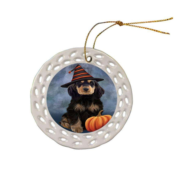 Happy Halloween Cocker Spaniel Dog Wearing Witch Hat with Pumpkin Ceramic Doily Ornament DPOR54853