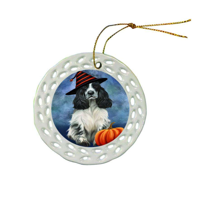 Happy Halloween Cocker Spaniel Dog Wearing Witch Hat with Pumpkin Ceramic Doily Ornament DPOR54957